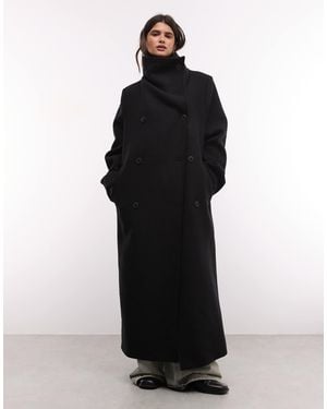 Weekday Wool Blend Double Breasted Coat With Funnel Neck And Shoulder Pads - Black