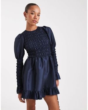 Daisy Street Shirred Volume Sleeve Mini Dress - Blue
