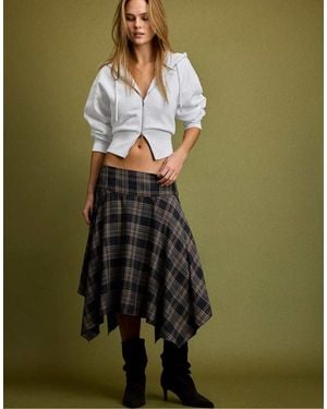 Stradivarius Checked Midi Skirt With Pointed Hem - Green