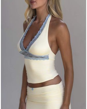 Tiger Mist Calina Butter Touch Slinky Contrast Lace Trim Halterneck Top - Multicolour
