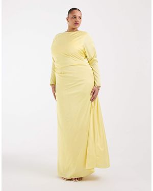 Tfnc Plus Bridesmaids Satin Side Drape Detailing Long Sleeve Maxi Dress - Yellow