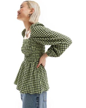 Glamorous Square Neck Volume Sleeve Shirred Blouse - Green