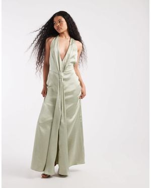 TFNC London Bridesmaid Satin Plunge Halter Neck Tassel Detail Maxi Dress - White