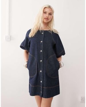 Collusion Denim Shirt Dress With Puff Sleeves - Blue