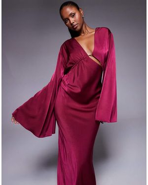ASOS Satin Asymmetric Neckline Long Sleeve Maxi Dress With Channel Detail - Pink