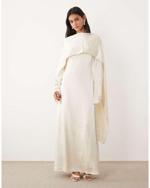 JW PEI Satin Pearl Trimmed Cape Sleeve Maxi Dress - Natural