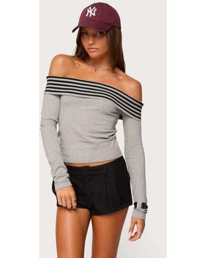Edikted Leetal Stripey Foldover Knit Top - Grey
