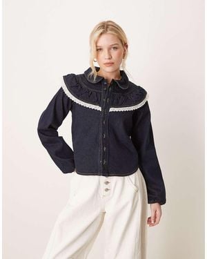 Neon Rose Collar Detail Denim Blouse - Blue