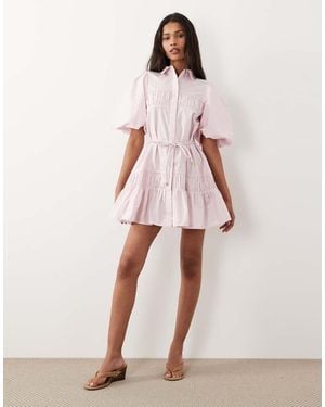 ASOS Shirt Mini Dress With Puff Sleeve And Tie Detail - Pink