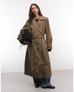 Monki Longline Trench Coat - Brown