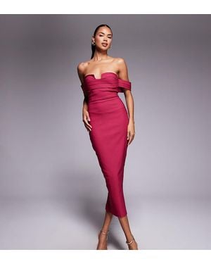 Vesper Bandeau Notch Front Detail Fallen Shoulder Midaxi Dress - Red