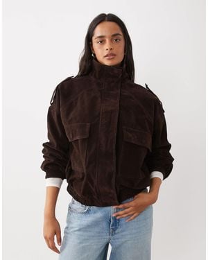 Kaiia Exclusive Faux Suede Cargo Pocket Front Balloon Sleeve Funnel Neck Bomber Jacket - Black