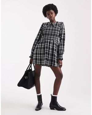 Wednesday's Girl Collar Detail Check Mini Shirred Smock Dress - Black