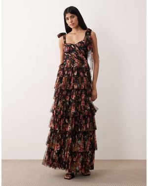 LACE & BEADS Tulle Bow Shoulder Tiered Maxi Dress - Brown