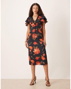 Hope & Ivy Satin Lace Trim Flutter Sleeve Midi Dress - Multicolour