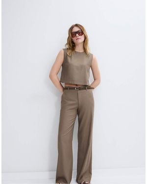 Stradivarius Straight-Leg Linen Mix Trousers With Belt - Brown