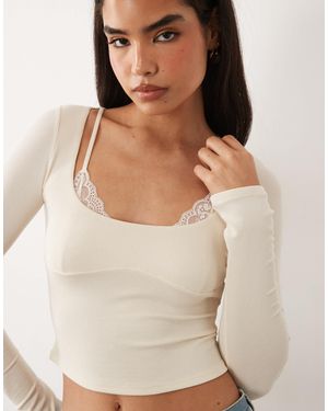Oh Polly Ribbed Modal Lace Bra Detail Long Top - Natural