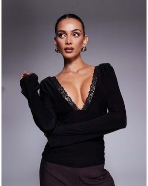 Fashionkilla Double Sculpted Slinky V-neck Lace Detail Top - Black