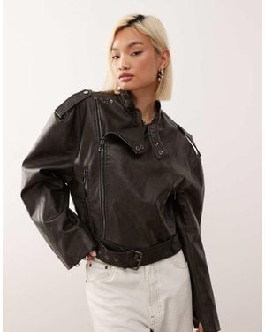 Lioness Driftwood Faux Leather Structured Wide Sleeve Buckle Detail Biker Jacket - Black