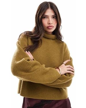 & Other Stories Wool Knitted Rib Funnel Neck Jumper With Split Back Neck And Volume Sleeves - Green