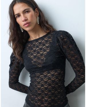 ASOS Sheer Lace Mutton Sleeve Long Sleeve Top - Black