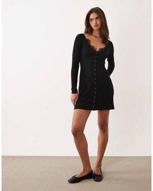 ASOS Lace Trim Ribbed V Neck Cardigan Mini Dress - Black