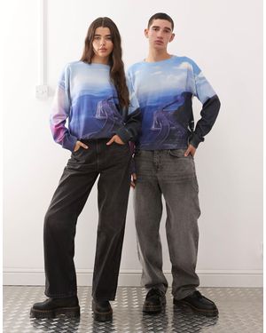Collusion – blauer unisex-strickpullover mit landschaftsprint
