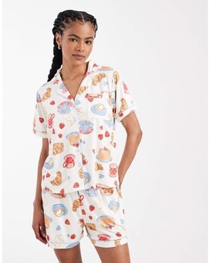 Threadbare Button Down Super Soft Short Pyjama Set With Croissant Print - White