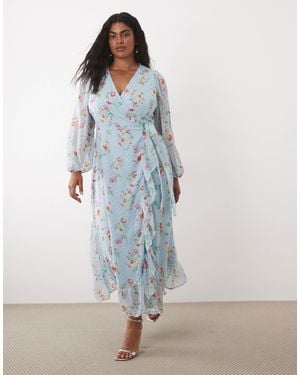Vila Curve Dobby Wrap Maxi Dress With Frill Detail - Blue