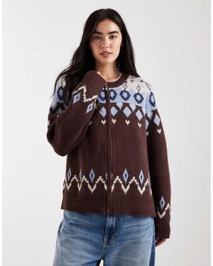 Daisy Street Fair Isle Zip Up Graphic Jumper - Brown