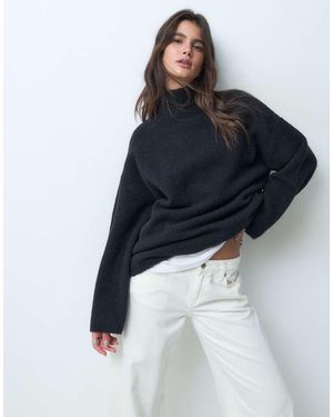ASOS Relaxed Fluffy Funnel Neck Jumper With Wool - Blue
