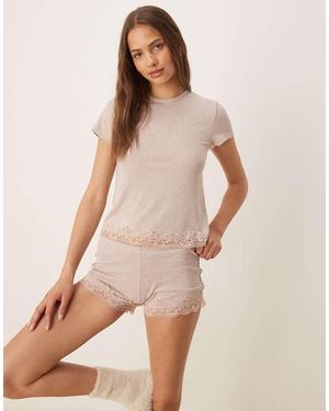 ASOS Mix & Match Rib Knit And Lace Pyjama Tee - Natural