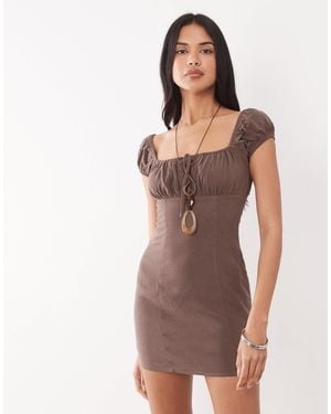 The Frolic Exclusive Linen Feel Ruched Bust Cap Sleeve Mini Dress - Brown