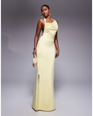 Aria Cove Double Layered Slinky Asymmetric Halterneck Low Twist Back Dress Maxi Dress - Metallic