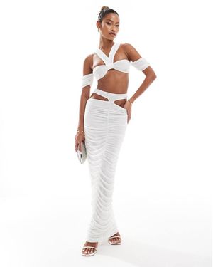 Murci Textured Cut Out Halterneck Top And Ruched Maxi Skirt Set - White