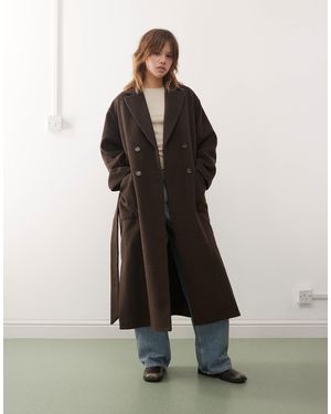 Monki Belted Double Breasted Coat With Wool - Brown