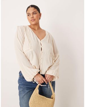 ASOS Asos Design Curve Textured Long Sleeve Lace Insert Blouse - Blue