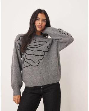 Jdy Floral Stitch Detail Sweater - Gray