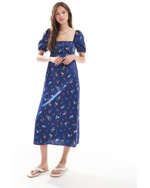 New Look Ditsy Floral Milkmaid Satin Midi Dress - Blue