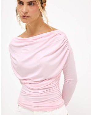NA-KD Soft Line Long Sleeve Draped Top - Pink