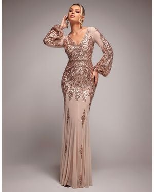 Goddiva Embellished Sequin Bishop Sleeve Maxi Dress - Metallic