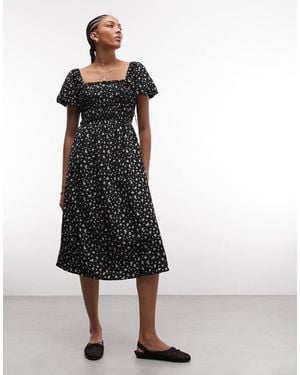 Daisy Street Shirred Body Puff Sleeve Midi Dress - Black