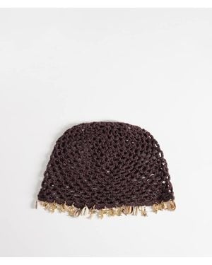 South Beach Crochet Festival Cap With Shell Embellishment - Brown