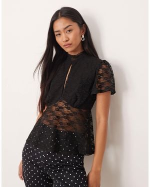 ASOS Floaty Lace Flutter Sleeve Button Top With Tie Neck Detail - Black