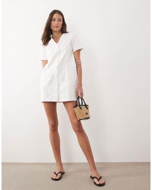 Threadbare Denim Short Sleeve Button Through Mini Dress - White