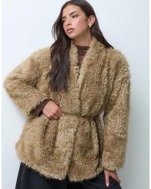 Pretty Lavish Faux Fur Tie Belt Jacket - Natural
