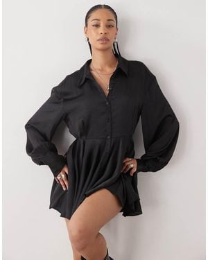 Monki Long Sleeve Crinkle Satin Shirt Dress With Floaty Skirt - Black