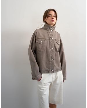 TOPSHOP Denim Funnel Neck Elastic Hem Detail Jacket Stone - Brown