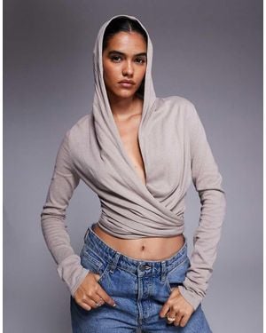 I.AM.GIA Irina Knitted Plunge Neck Hooded Wrap Top - Grey