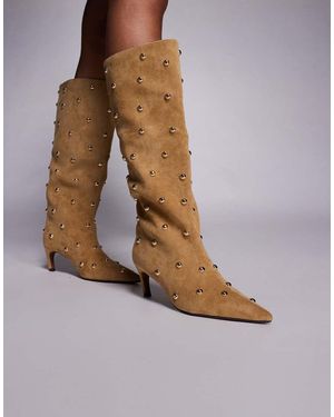 River Island Studded Sudette Heeled Boots - Brown